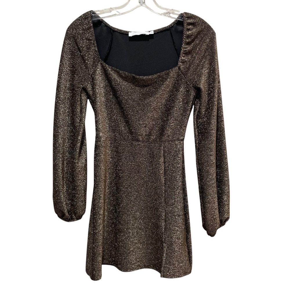 All In Favor Metallic Shimmer Mini Dress Gold Black Women Size XS Long Sleeve